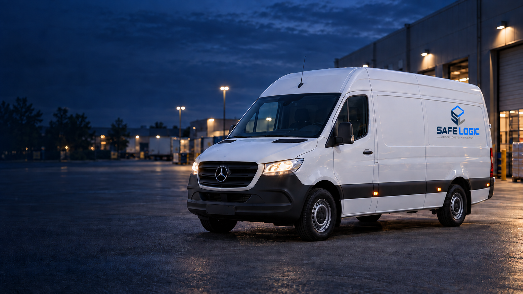 Witte bestelbus met SafeLogic-logo